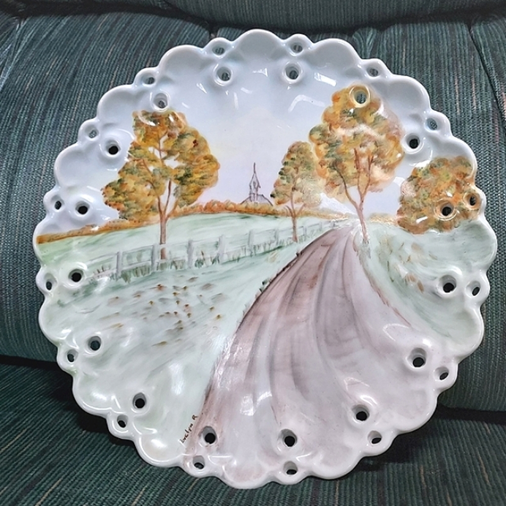 Vintage Scenic Hand-Painted Ceramic Plate Lace Edge 9.5" Beautiful Decrative